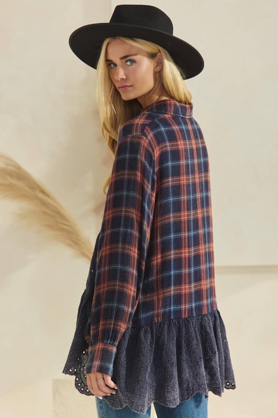 Plus Plaid Eyelet Lace Button Down Shirts: Washed Navy Plaid / 2XL