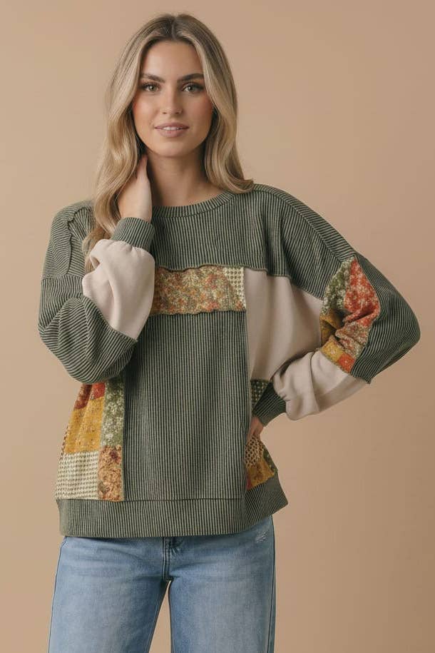 Bubble Sleeve Mixed Rib Thermal KnitTop