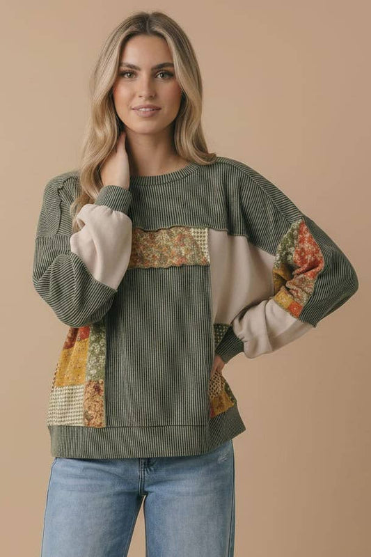 Bubble Sleeve Mixed Rib Thermal KnitTop