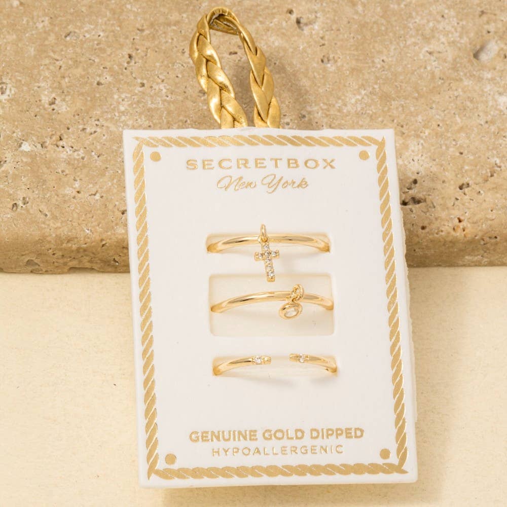 Secret Box Gold Dipped 3Pc Cross Charm Band Rings Set: GD
