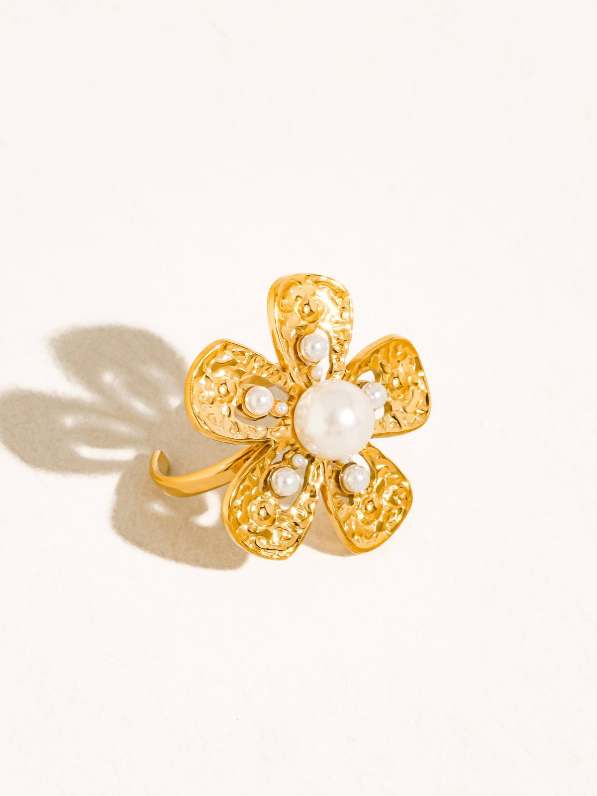 Eze 18K Gold Non-Tarnish Pearl Flower Statement Ring: Yellow Gold