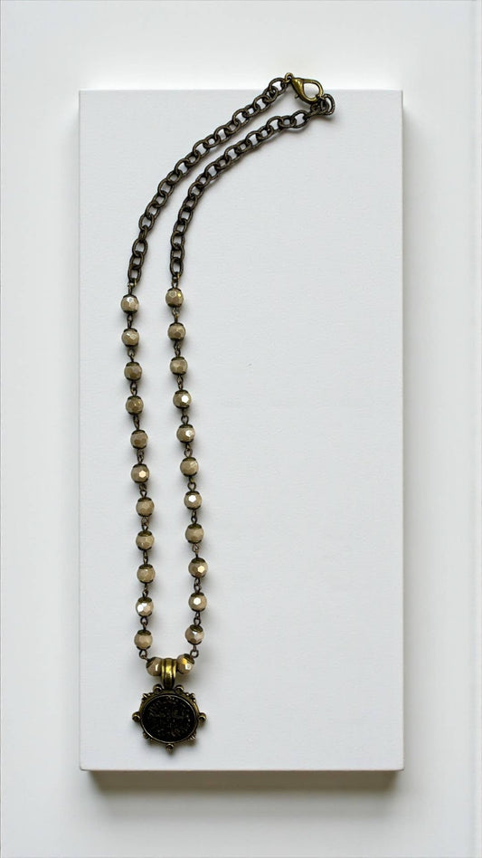 20” Necklace with relic coin on ivory 8mm and cable chain