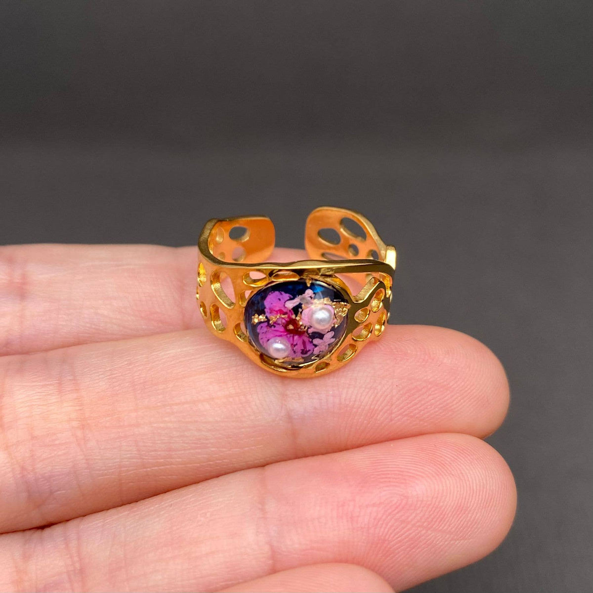 Dried Flowers 18K Gold Plated Stainless Steel Ring - PDF/FGS: Style E