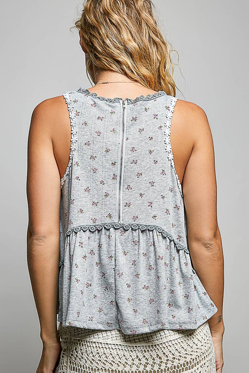 Round Neck Ruffle Hem Trim Detail Floral  L