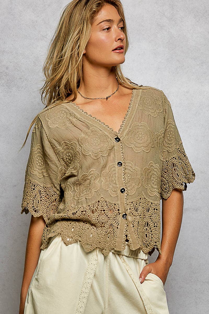 Crochet Trim Neckline Short Sleeve Jacket Top: NATURAL / Os