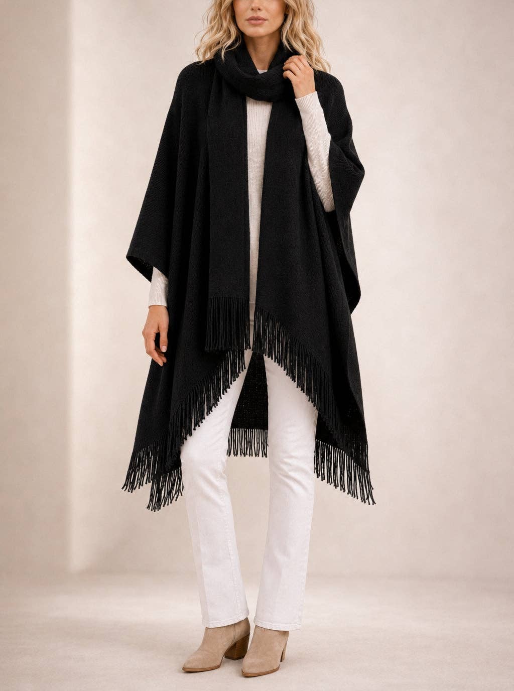 JC088001 Cozy Fringe Knit Poncho with Built-In Scarf: Burgundy