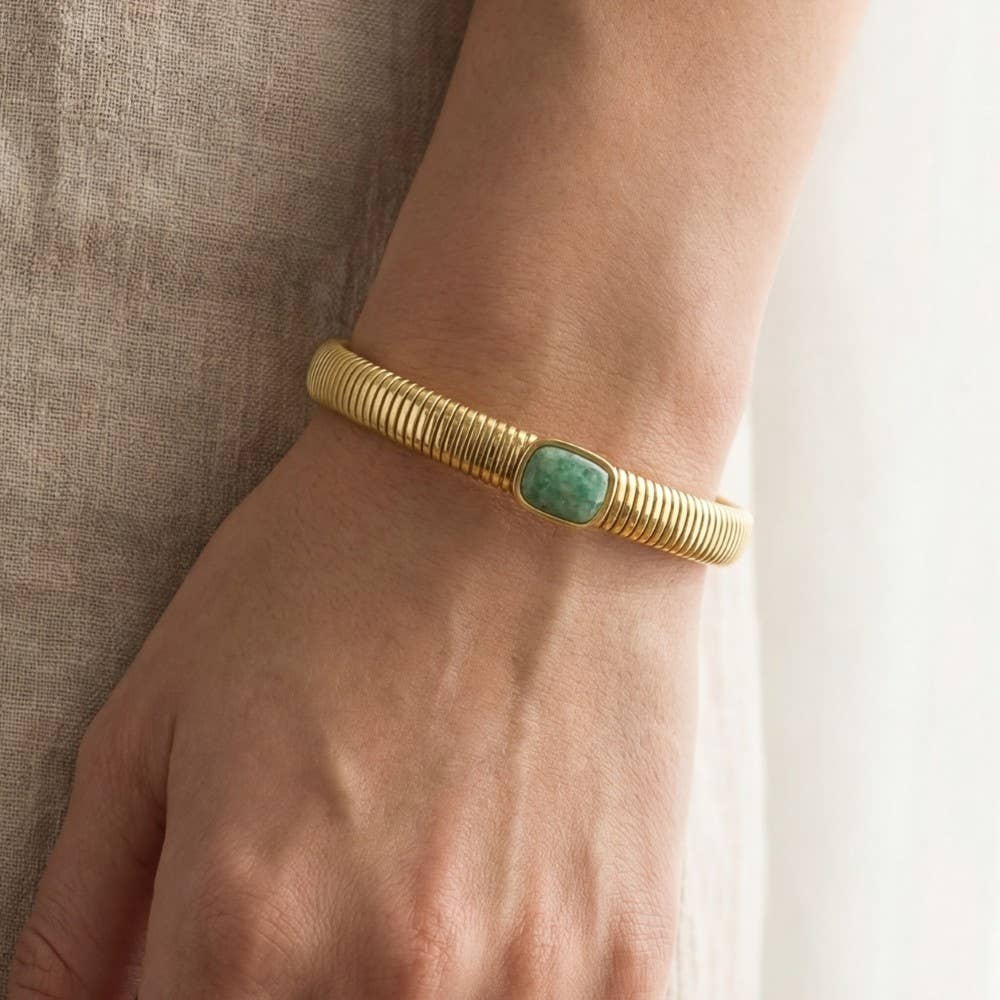 Stainless Steel Ribbed Stone Bangle Bracelet: LGN