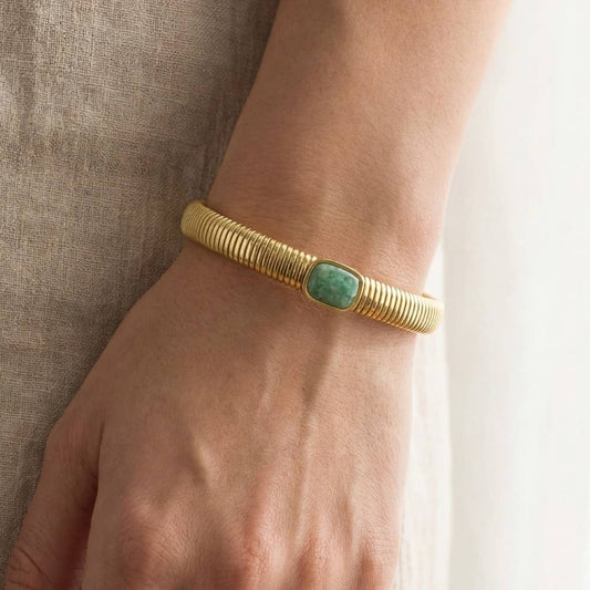 Stainless Steel Ribbed Stone Bangle Bracelet: LGN