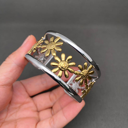 Two Tone Sunflower 18K Gold Plated Stainless Steel Cuff -FGS
