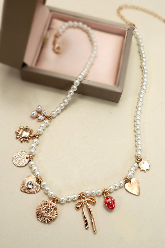 PEARL BEADED BOW STRAWBERRY CHERRY NECKLACE | 80N91511: Gold