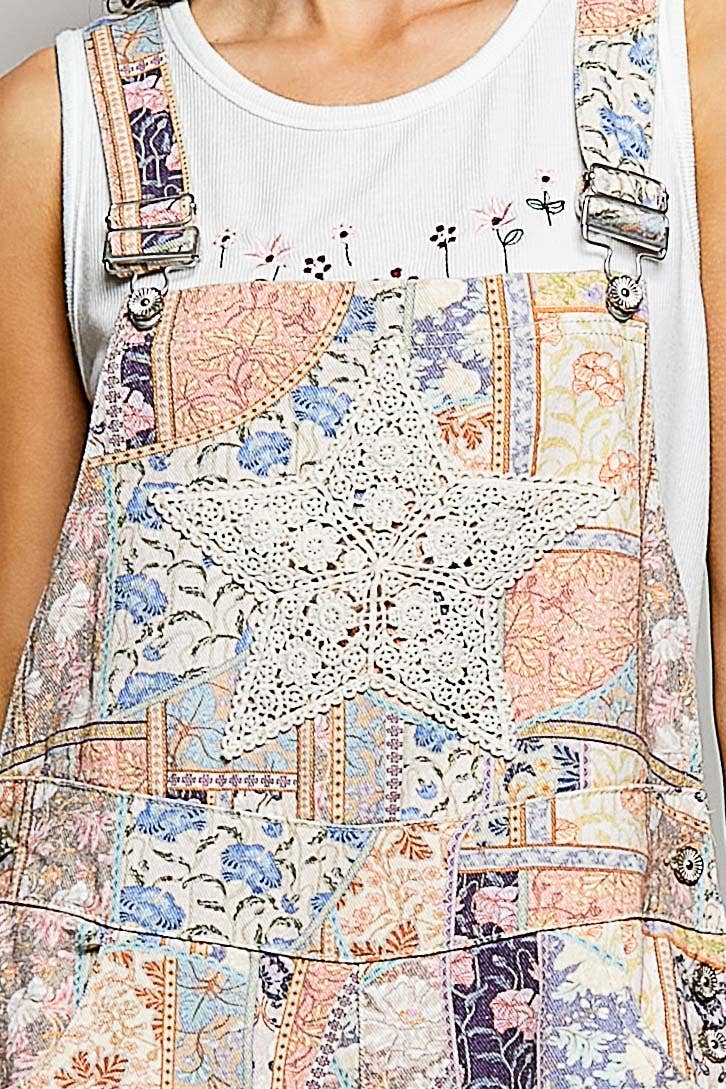 Floral Crochet Pearl Patch Roomy Fit Twill Overalls: FLORAL MULTI / M