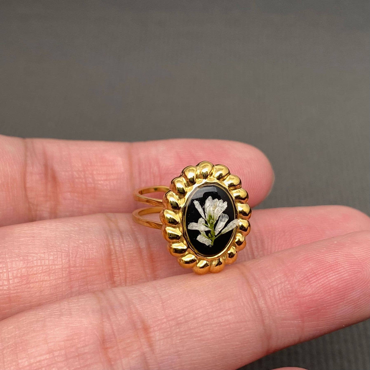 Dried flowers 18K Golden SS Adjustable Floral Rings- PDF/FGS: A