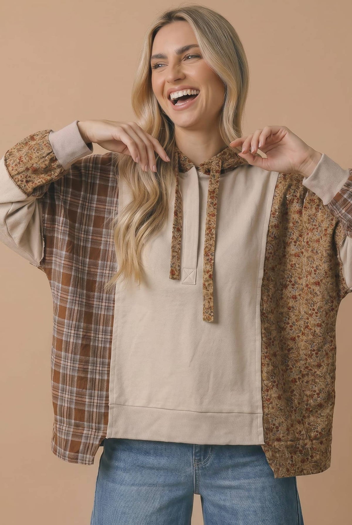 Plaid Floral Color Block Hoodie