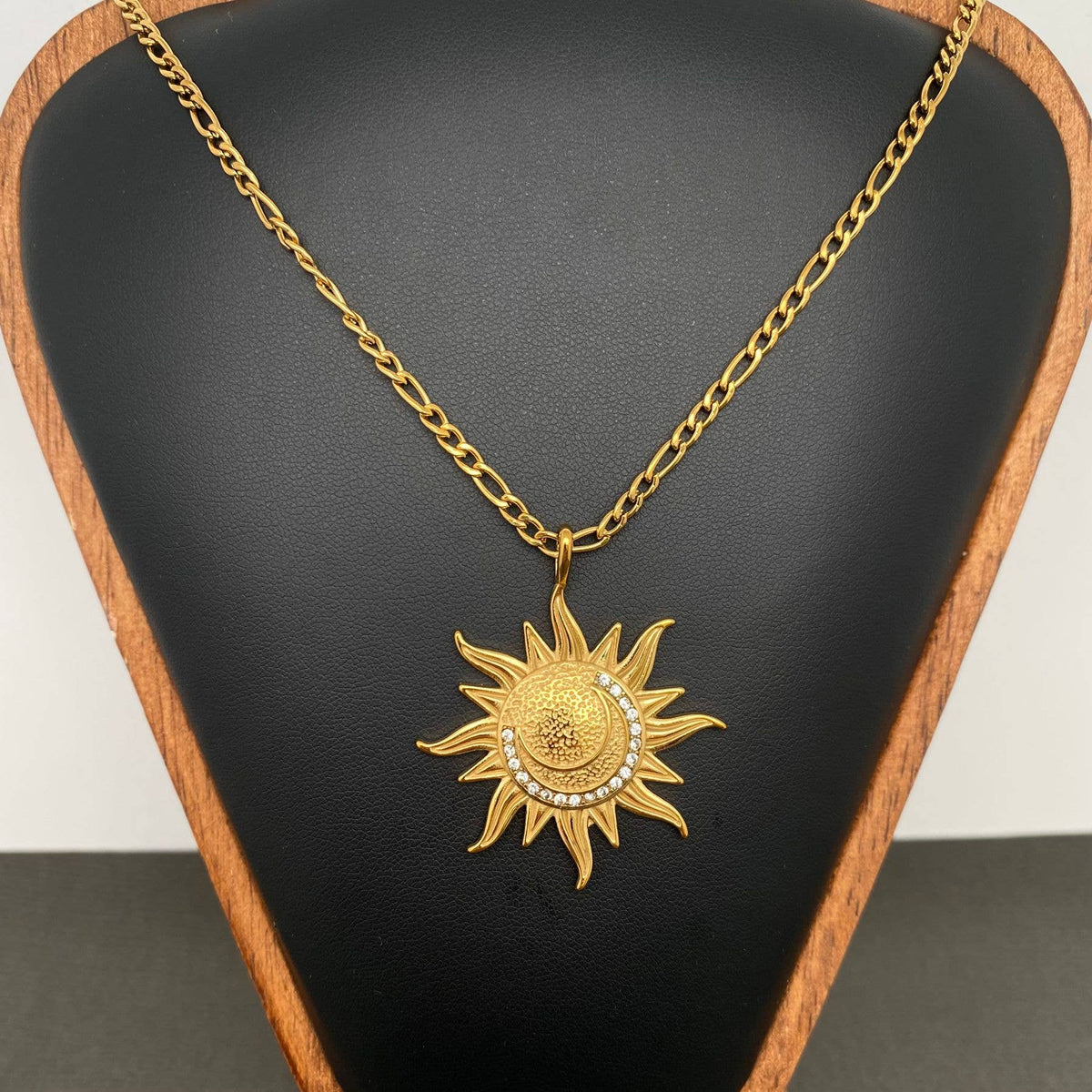 CZ Inlaid Moon Sun Charm 18K Golden SS Necklace - FGS/MS