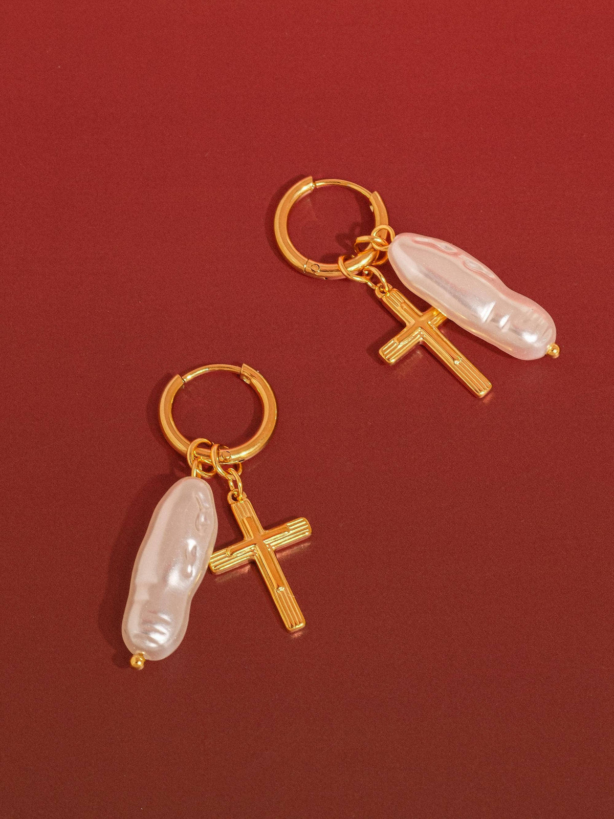 Bréline 18K Gold Non-Tarnish Cross Pearl Drop Earrings: Yellow Gold