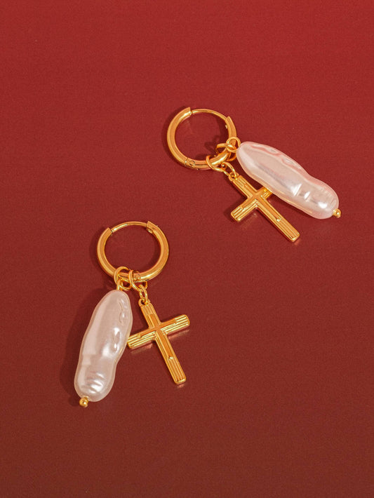 Bréline 18K Gold Non-Tarnish Cross Pearl Drop Earrings: Yellow Gold