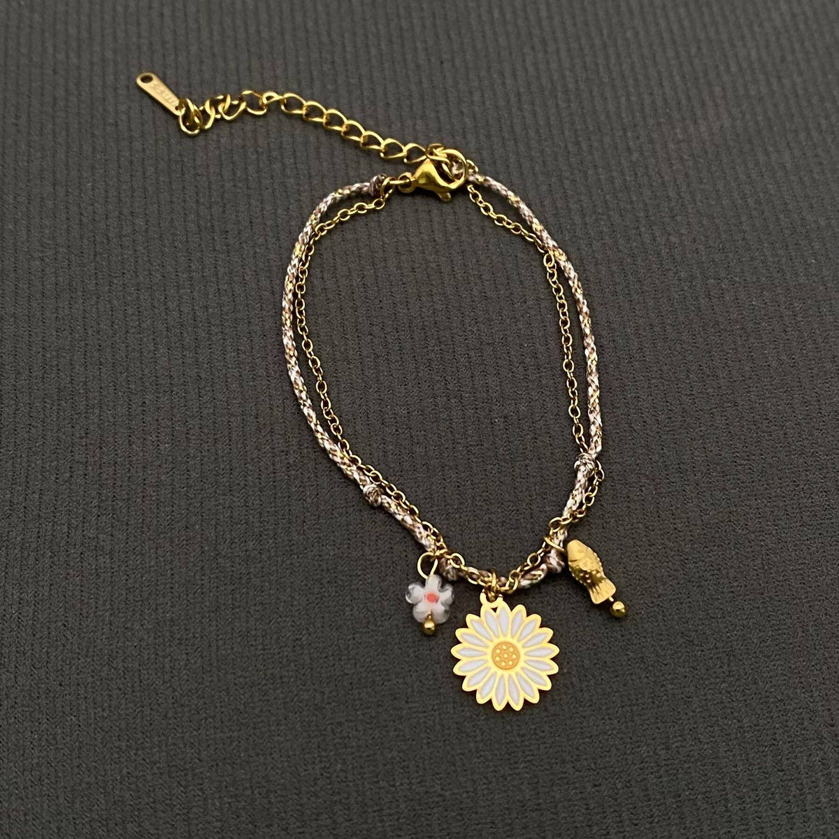 Daisy Charm 18K Golden S.Steel Woven Rope Bracelet - FGS: Orange