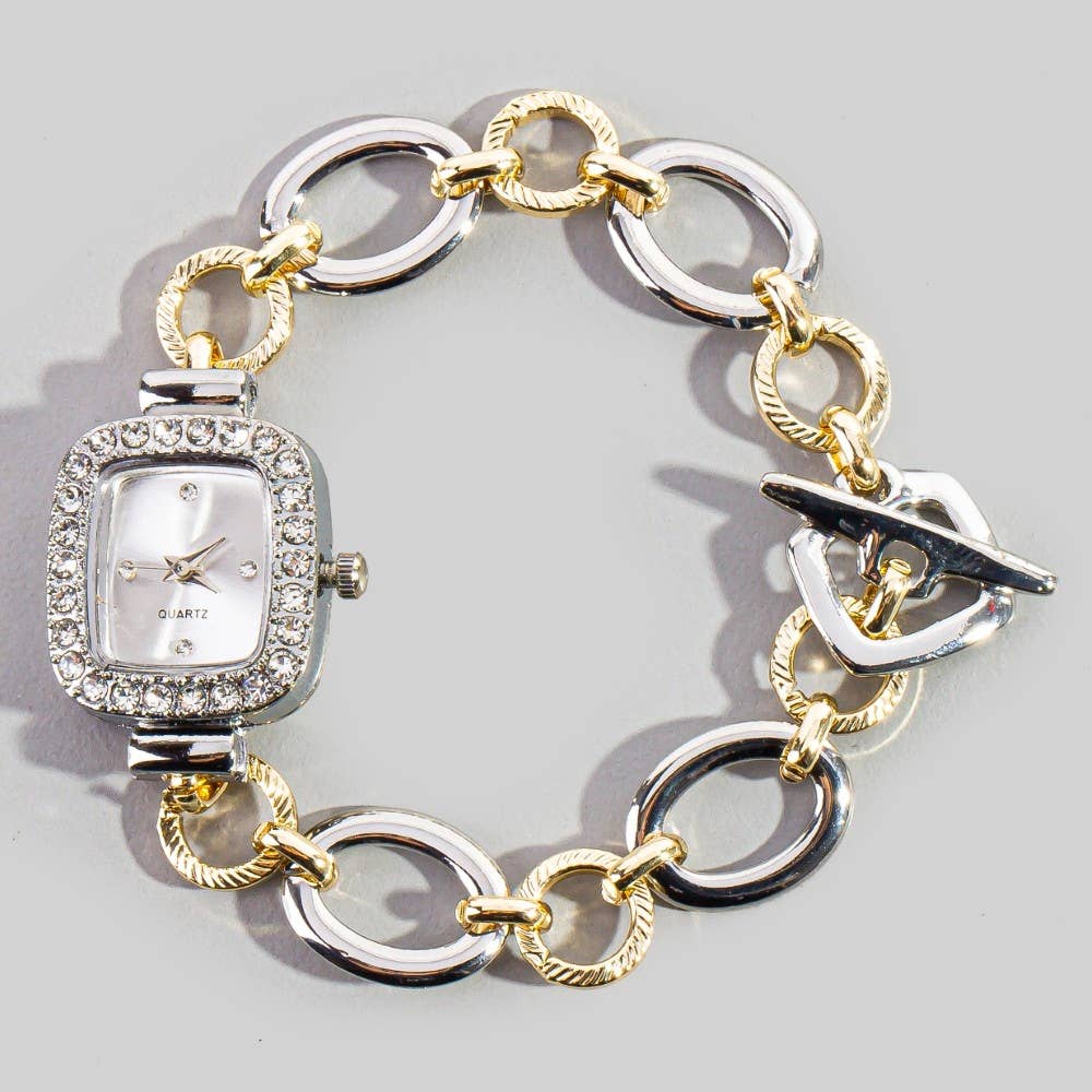Two Tone Cz Toggle Chain Bracelet Watch: GOLDSILVER