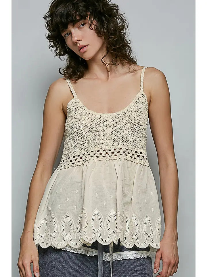 Round Neck Sleeveless Eyelet Ruffle Embroidered Crochet Top